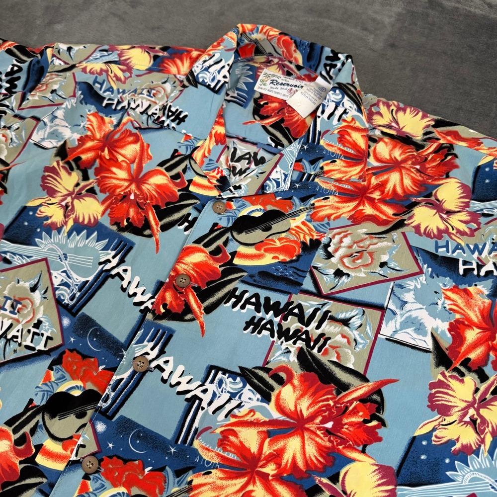 Reservoir Hawaiian Style Aloha Shirt Mens 4XL Blue Floral Ukulele Print